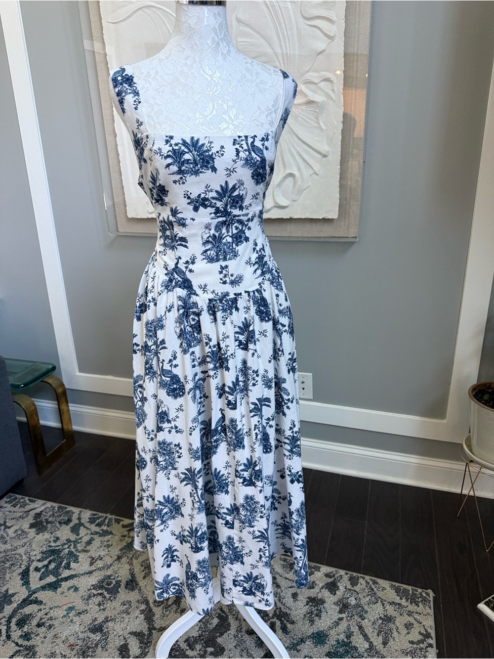 Caroline Constas Birds of Paradise Linen Open Back Toile Midi Dress Large